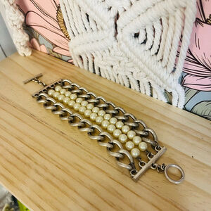 Kenneth‎ Cole Silver & Pearl Chain Bracelet Wide Chunky Edgy Designer Jewelry